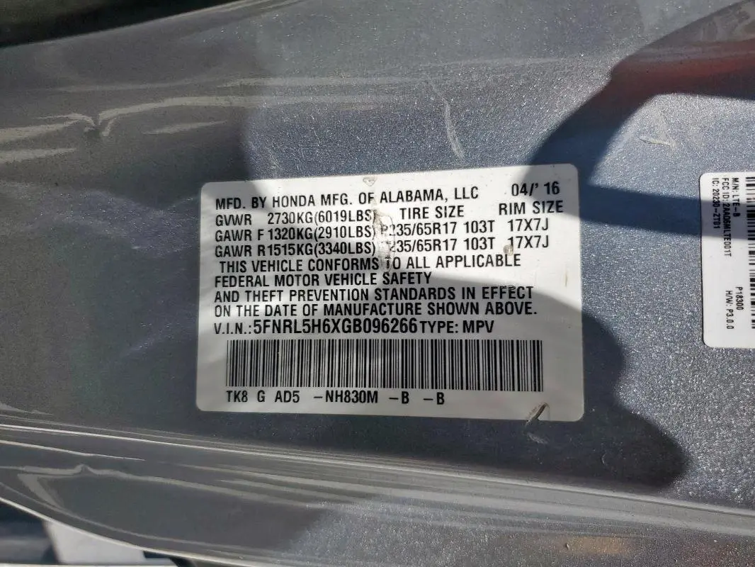 2016 HONDA ODYSSEY EXL  