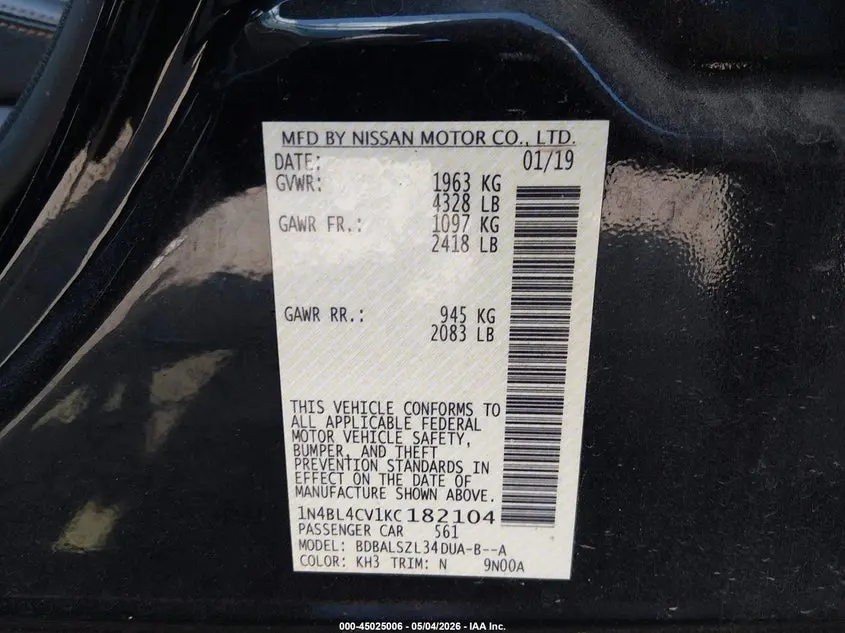 2019 NISSAN ALTIMA 2.5 SR