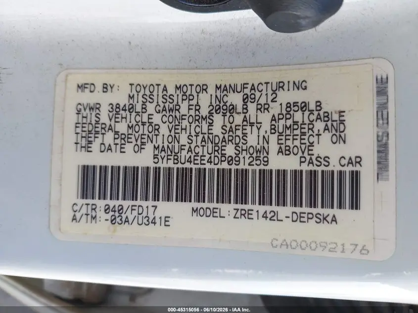 2013 TOYOTA COROLLA S