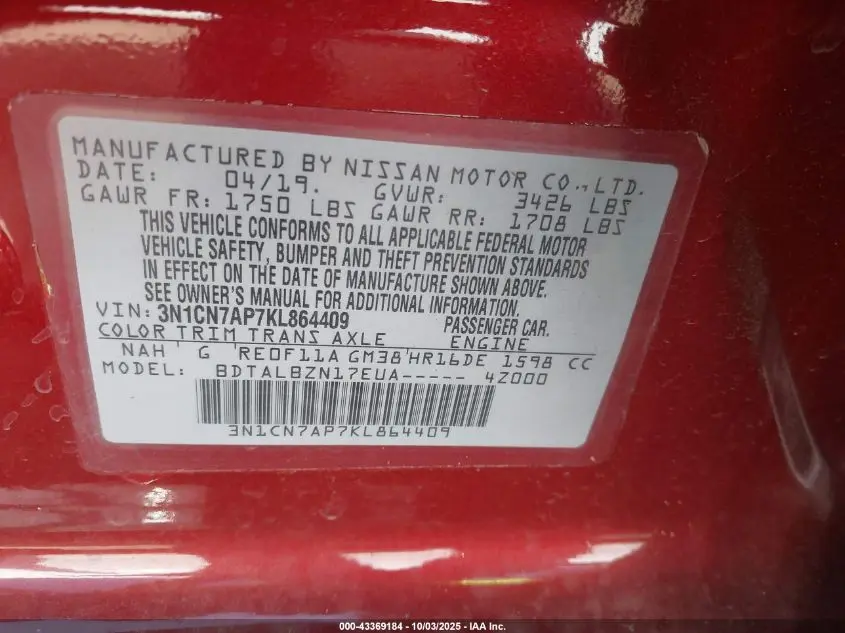 2019 NISSAN VERSA 1.6 SV