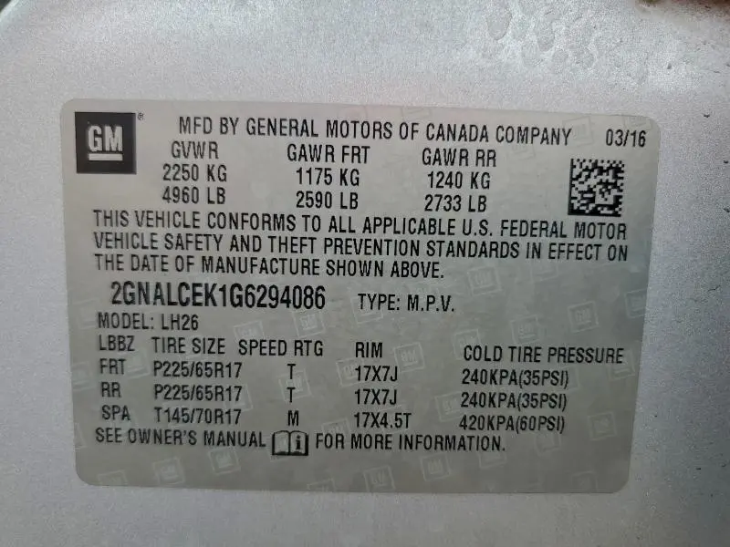 2016 CHEVROLET EQUINOX LT  