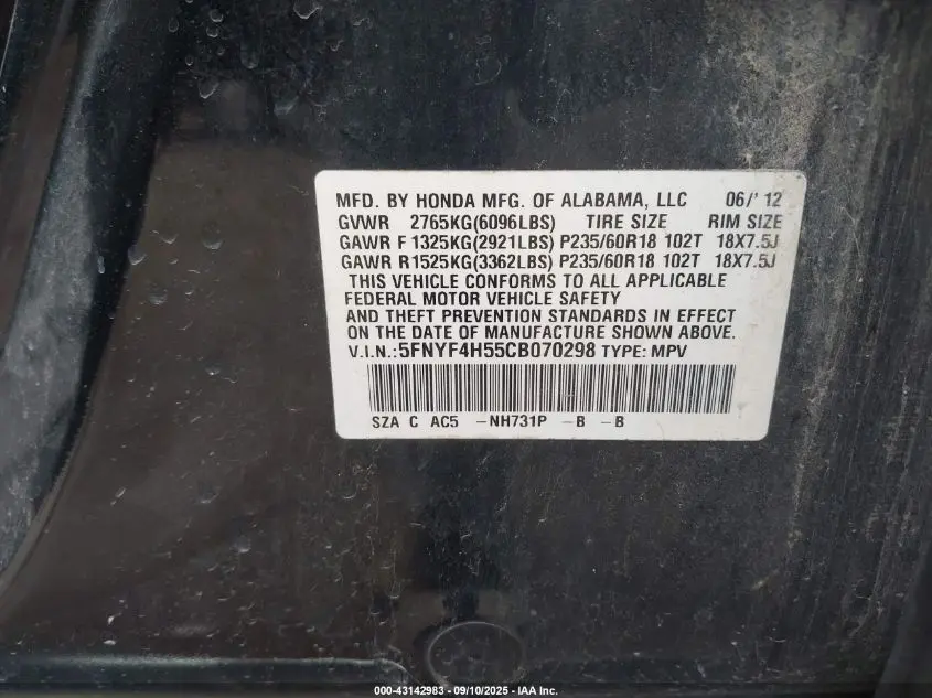 2012 HONDA PILOT EX-L