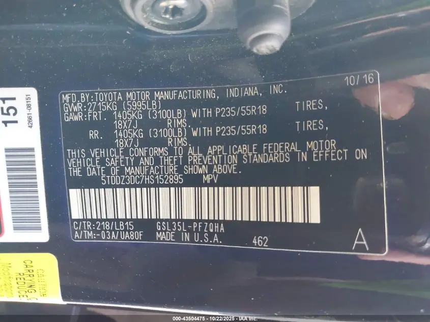 2017 TOYOTA SIENNA LIMITED PREMIUM 7 PASSENGER