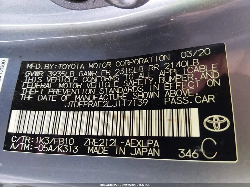 2020 TOYOTA COROLLA LE