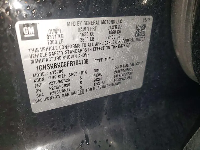 2015 CHEVROLET TAHOE K1500 LT  