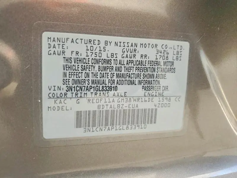 2016 NISSAN VERSA 1.6 SV  