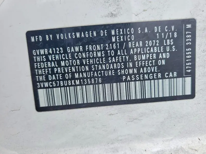2019 VOLKSWAGEN JETTA S  