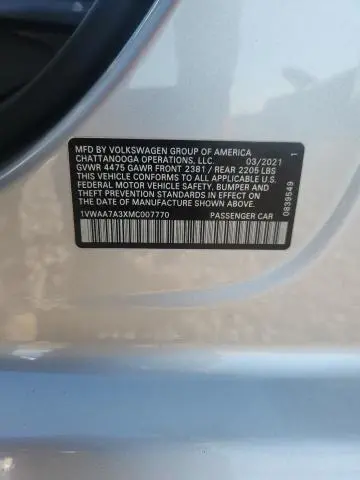 2021 VOLKSWAGEN PASSAT S  