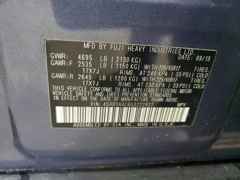 2016 SUBARU OUTBACK 2.5I  