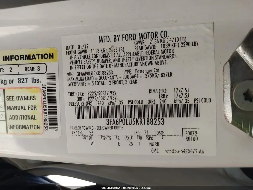 2019 FORD FUSION HYBRID SE