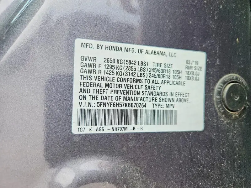 2019 HONDA PILOT EXL  