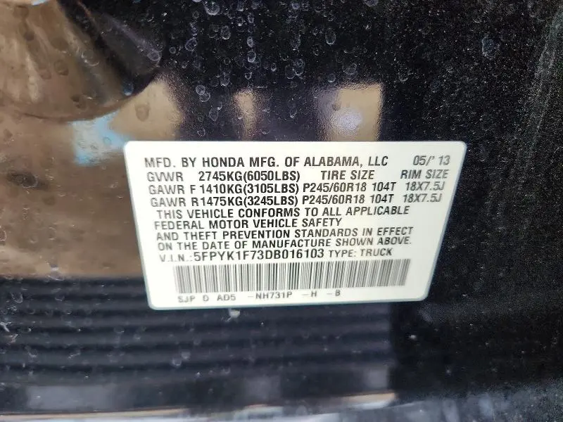 2013 HONDA RIDGELINE SPORT  
