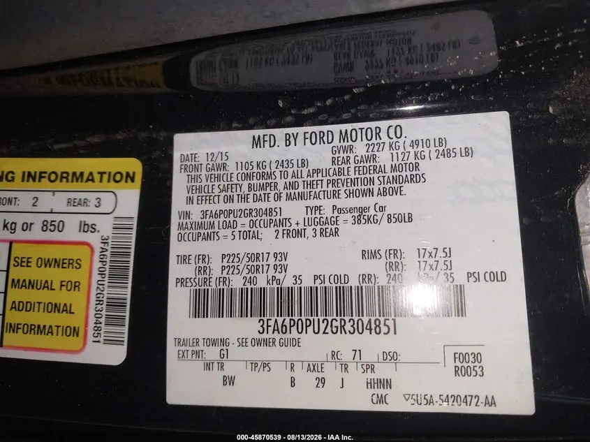 2016 FORD FUSION ENERGI SE LUXURY