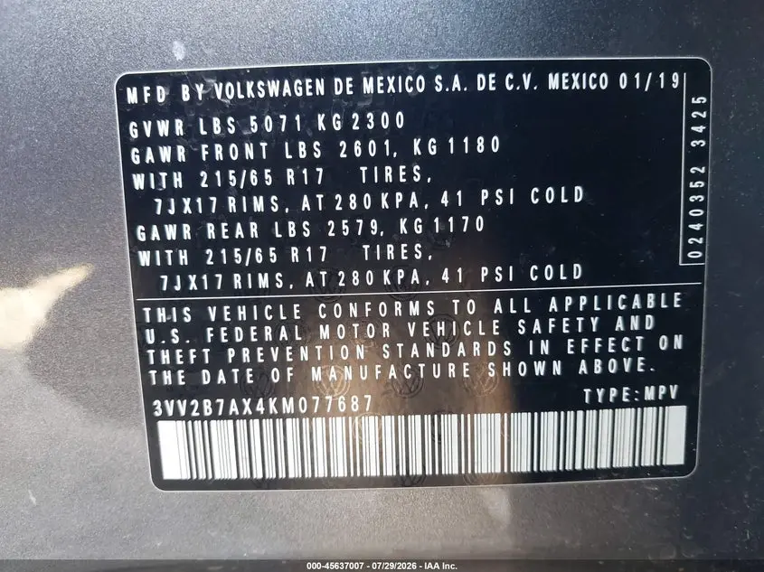 2019 VOLKSWAGEN TIGUAN 2.0T SE/2.0T SEL/2.0T SEL R-LINE/2.0T SEL R-LINE BLACK