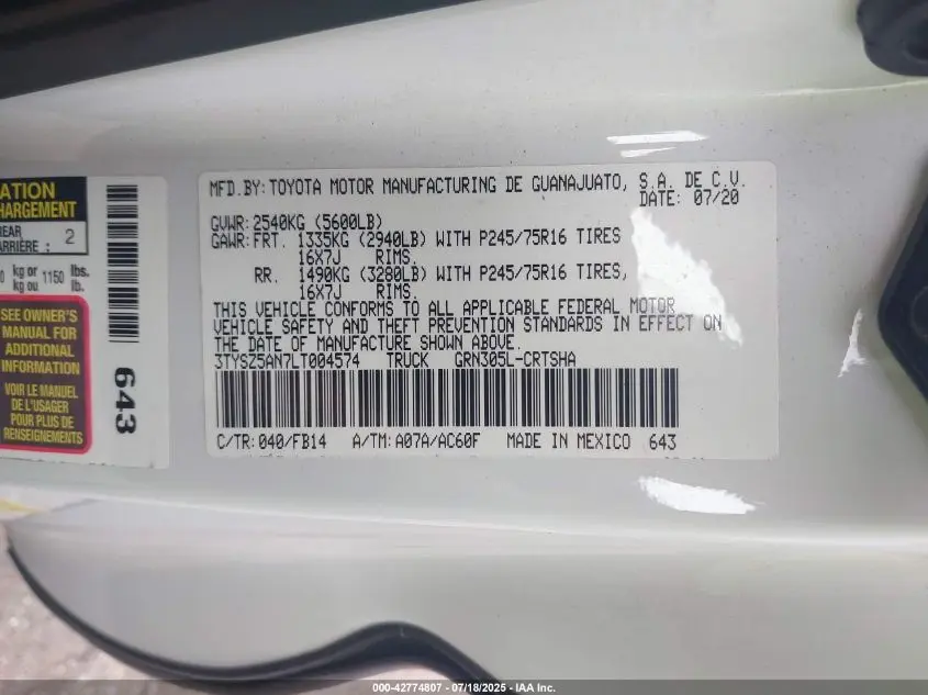 2020 TOYOTA TACOMA SR V6