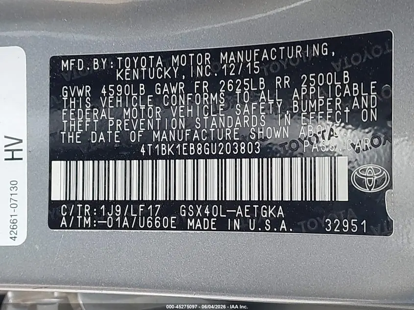 2016 TOYOTA AVALON XLE PREMIUM