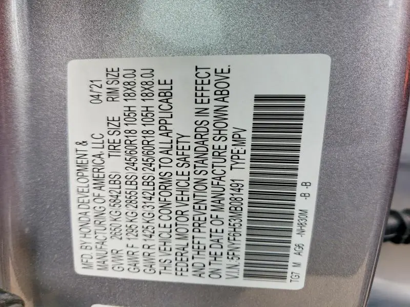 2021 HONDA PILOT EXL  