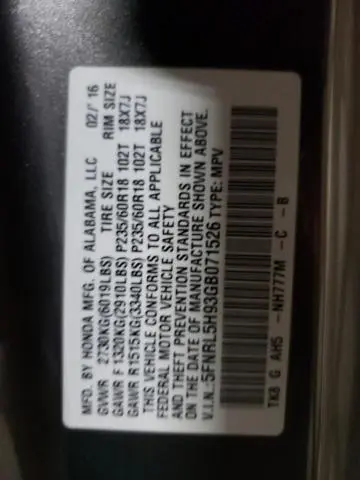 2016 HONDA ODYSSEY TOURING  