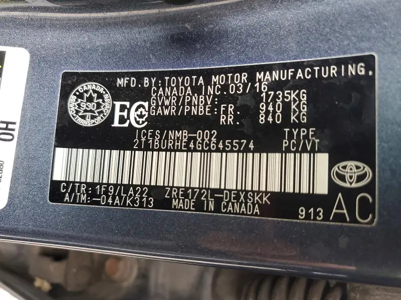 2016 TOYOTA COROLLA L  