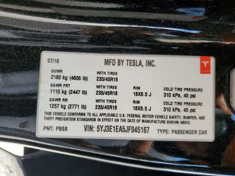 2018 TESLA MODEL 3   