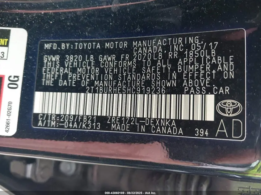 2017 TOYOTA COROLLA LE