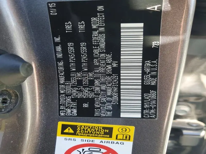 2015 TOYOTA HIGHLANDER LIMITED PLATINUM  