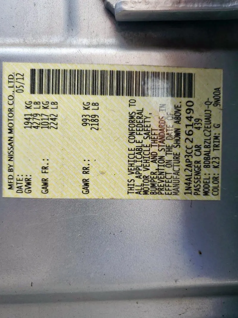 2012 NISSAN ALTIMA BASE  