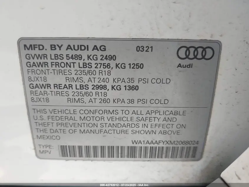 2021 AUDI Q5 PREMIUM 45 TFSI QUATTRO S TRONIC