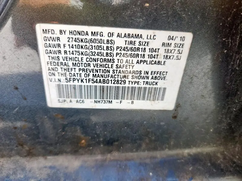 2010 HONDA RIDGELINE RTL  