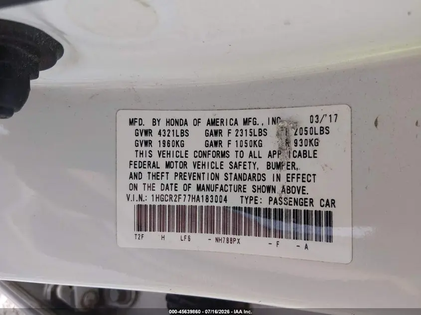 2017 HONDA ACCORD EX