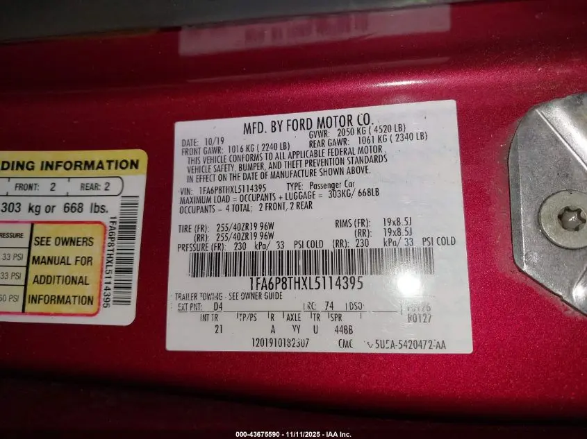 2020 FORD MUSTANG ECOBOOST FASTBACK