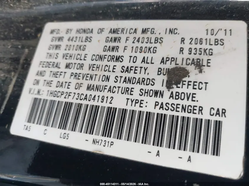 2012 HONDA ACCORD 2.4 EX