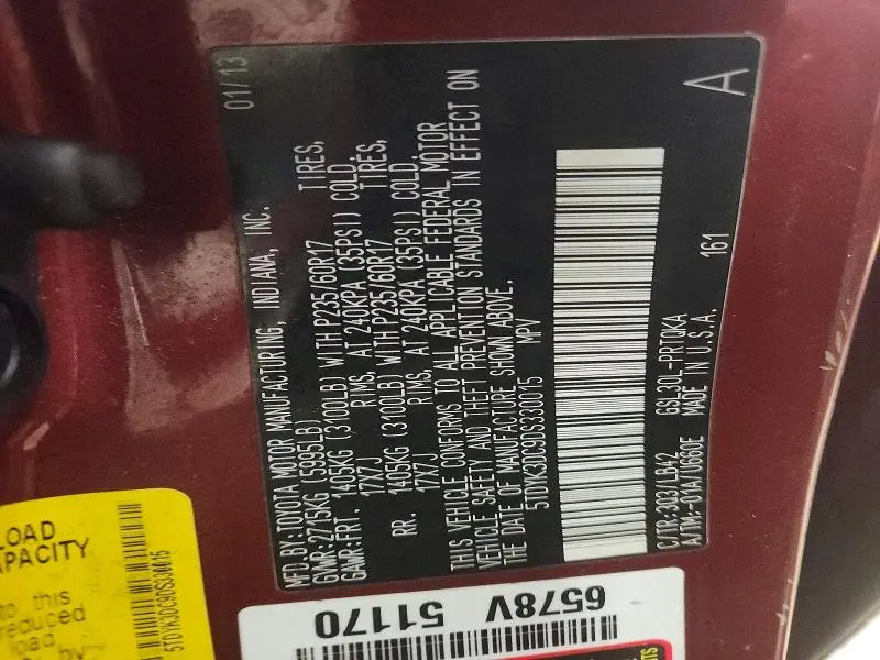 2013 TOYOTA SIENNA XLE 8-PASSENGER  