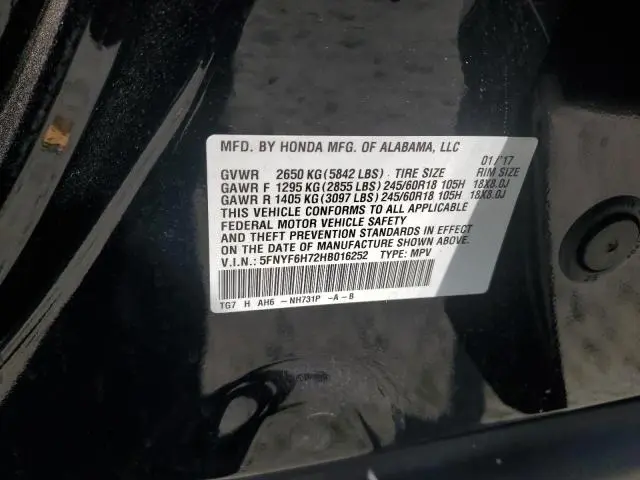 2017 HONDA PILOT EXLN  