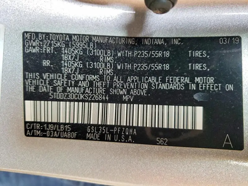 2019 TOYOTA SIENNA LIMITED PREMIUM 7-PASSENGER  