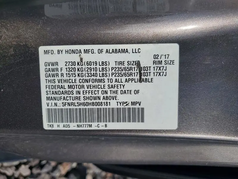 2017 HONDA ODYSSEY EXL  