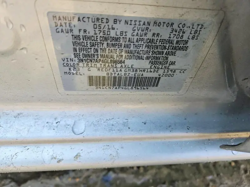 2016 NISSAN VERSA 1.6 SV  