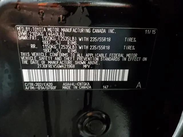 2016 TOYOTA RAV4 LIMITED  