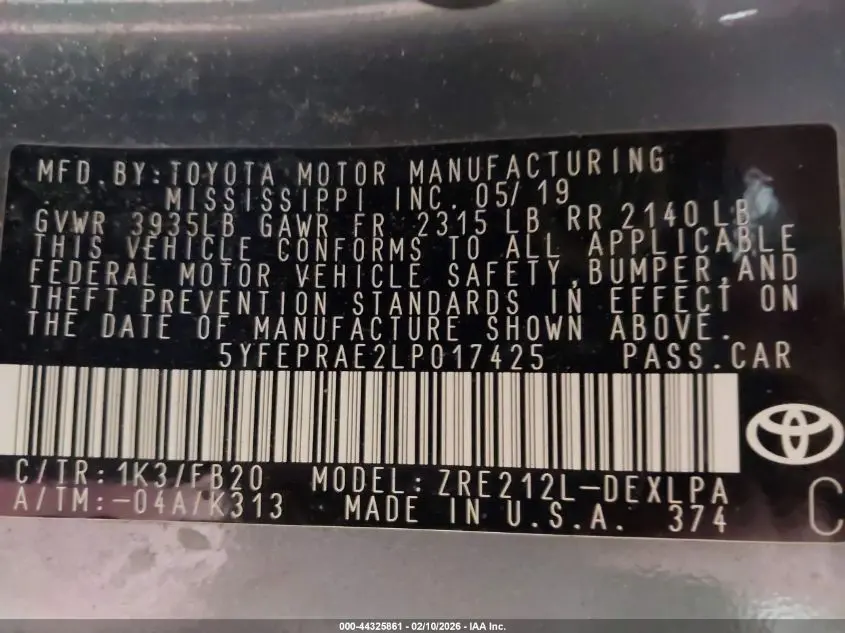 2020 TOYOTA COROLLA LE