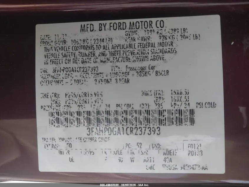 2012 FORD FUSION S