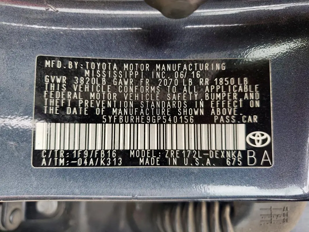 2016 TOYOTA COROLLA L