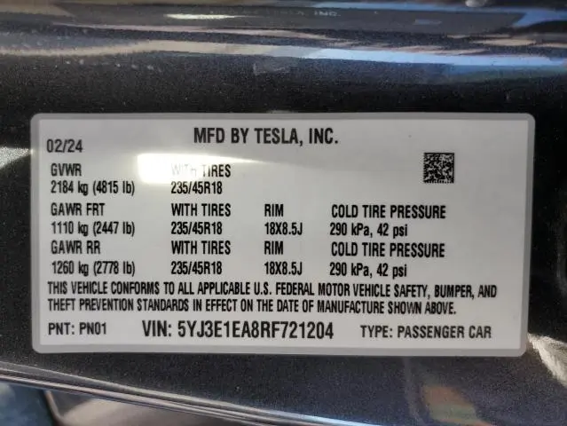 2024 TESLA MODEL 3   
