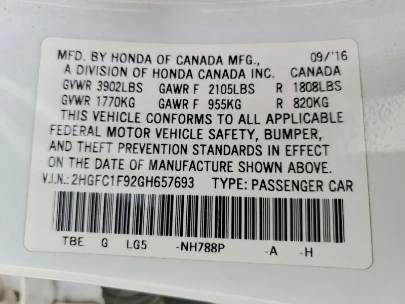 2016 HONDA CIVIC TOURING  