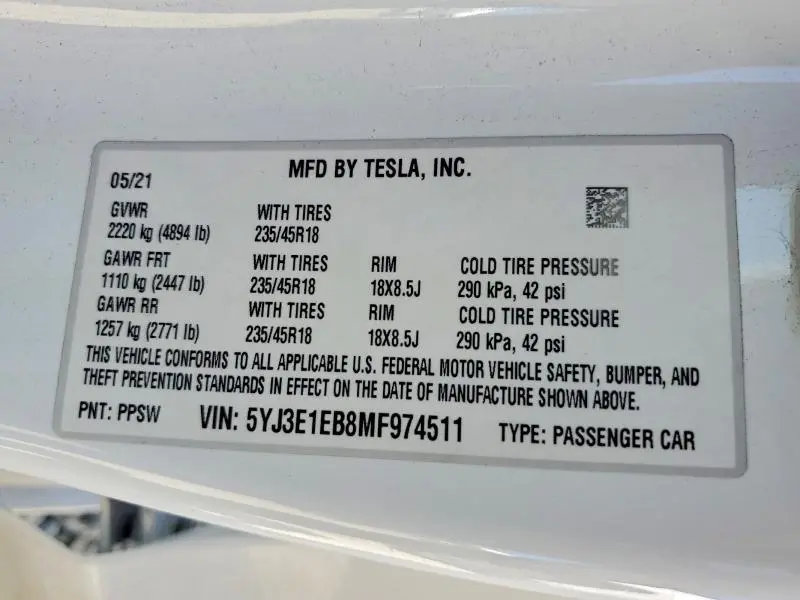 2021 TESLA MODEL 3   