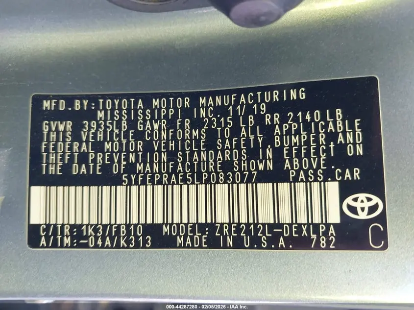 2020 TOYOTA COROLLA LE