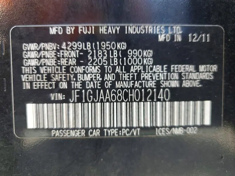2012 SUBARU IMPREZA   