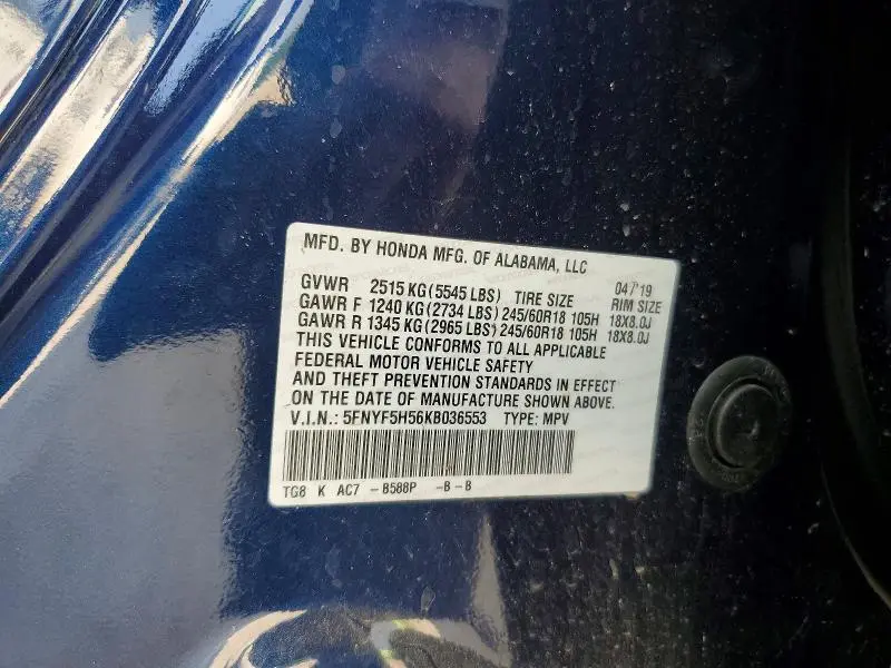 2019 HONDA PILOT EXL  