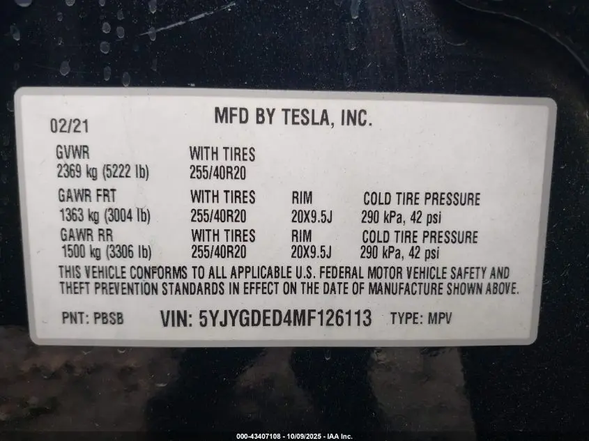 2021 TESLA MODEL Y STANDARD RANGE REAR-WHEEL DRIVE