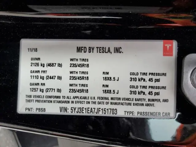 2018 TESLA MODEL 3   