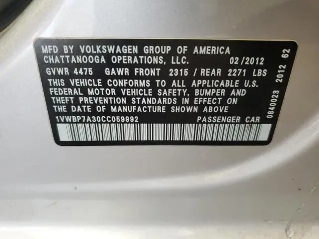 2012 VOLKSWAGEN PASSAT SE  